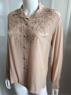 Vintage Peony Shanghai 100% Silk Hand Embroidered Blouse Taupe 36